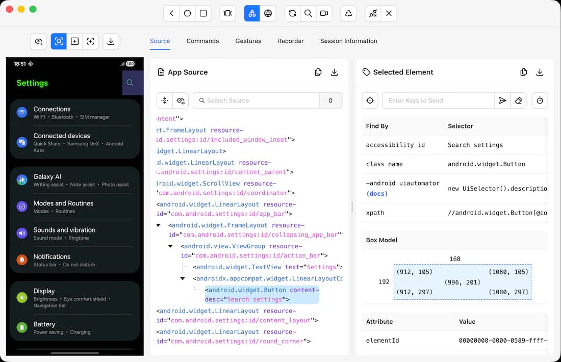 Appium Inspector showing an Android screen, application source tree and selected element details