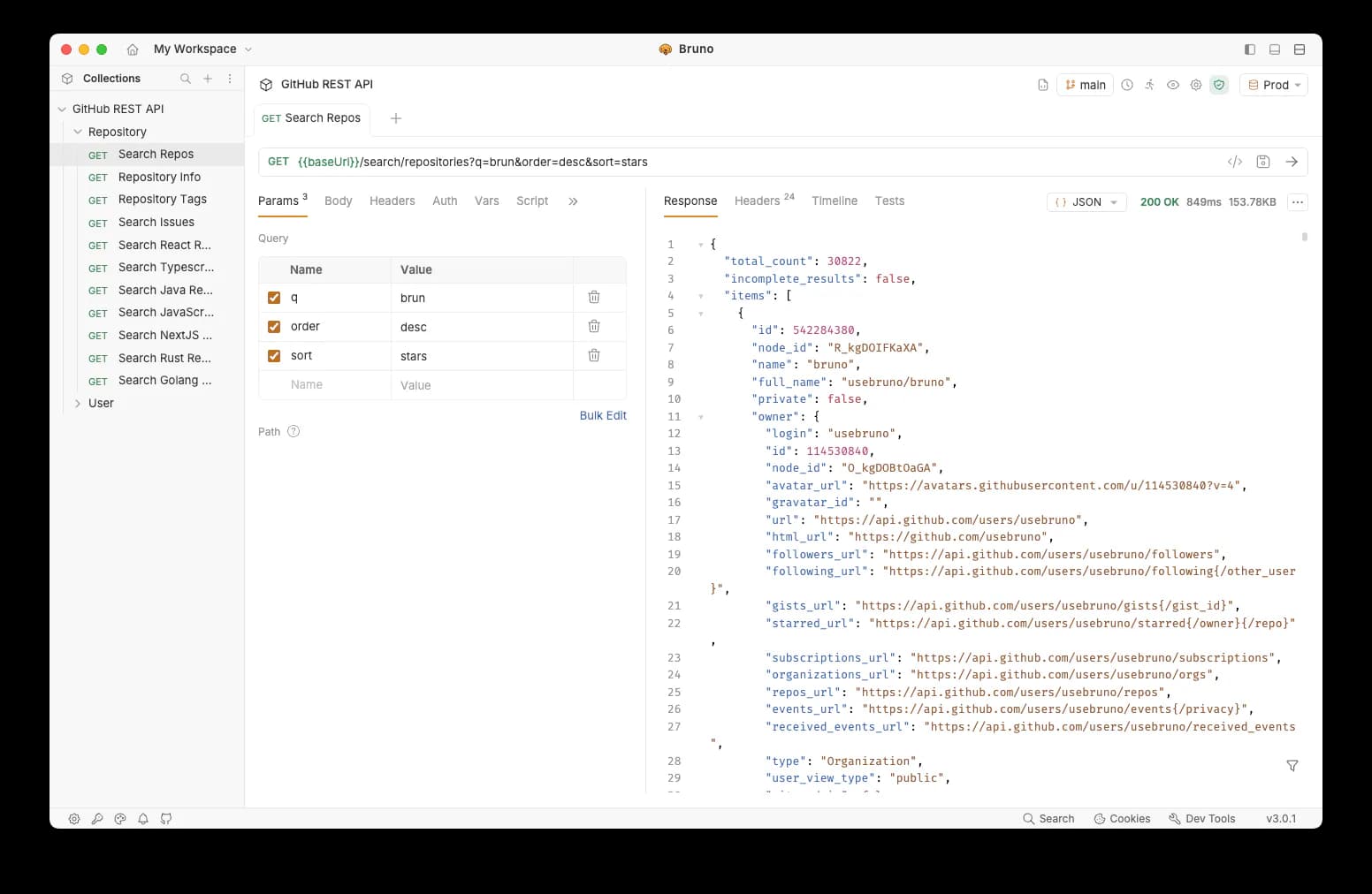Bruno API client showing a request collection, query parameters and a JSON response