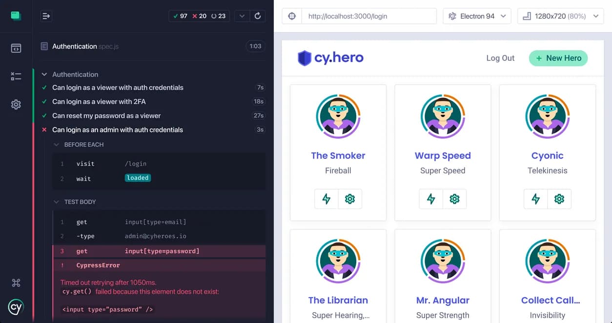 Cypress end-to-end runner showing a failed authentication test beside the app under test