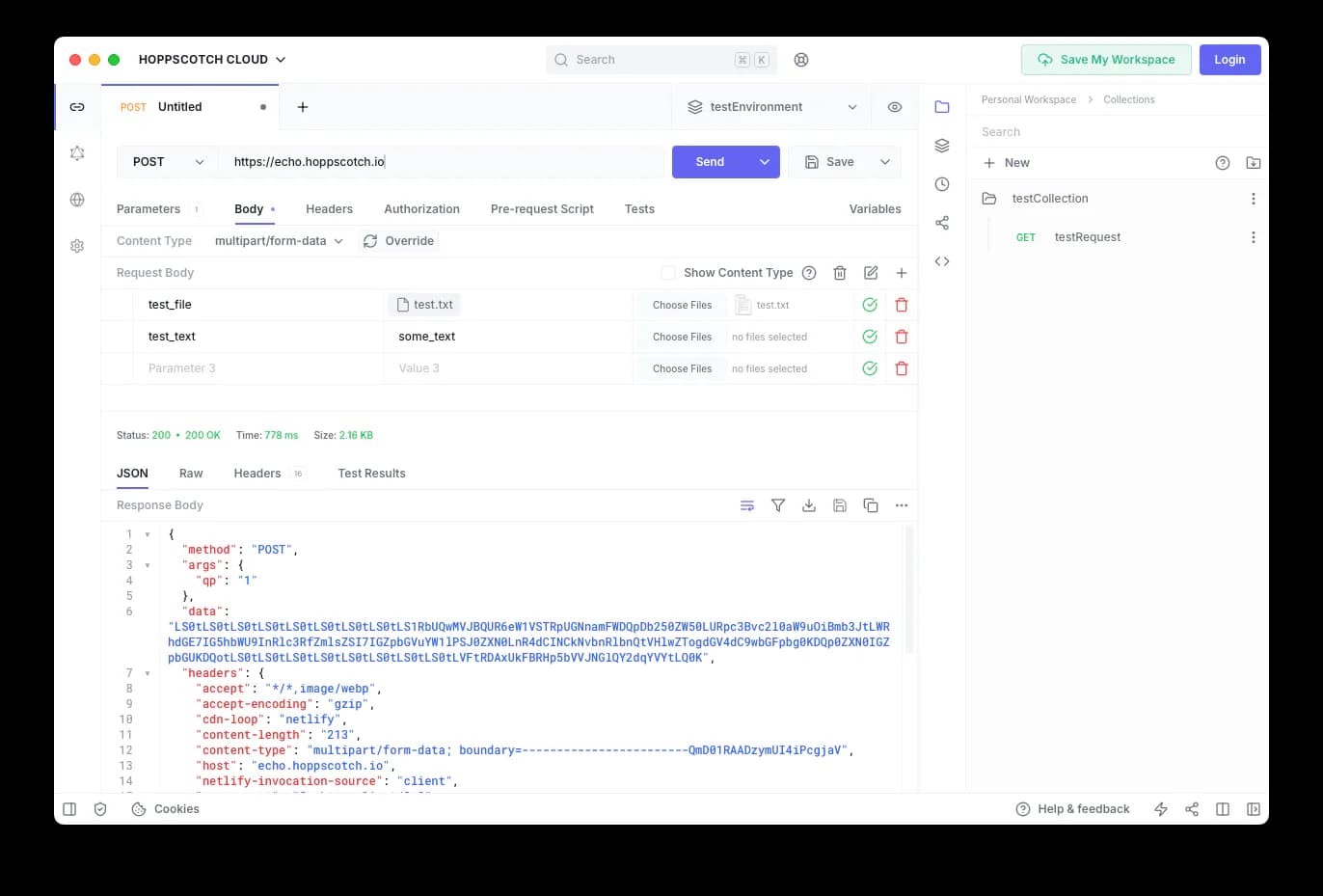 Hoppscotch desktop app showing an API request body and JSON response