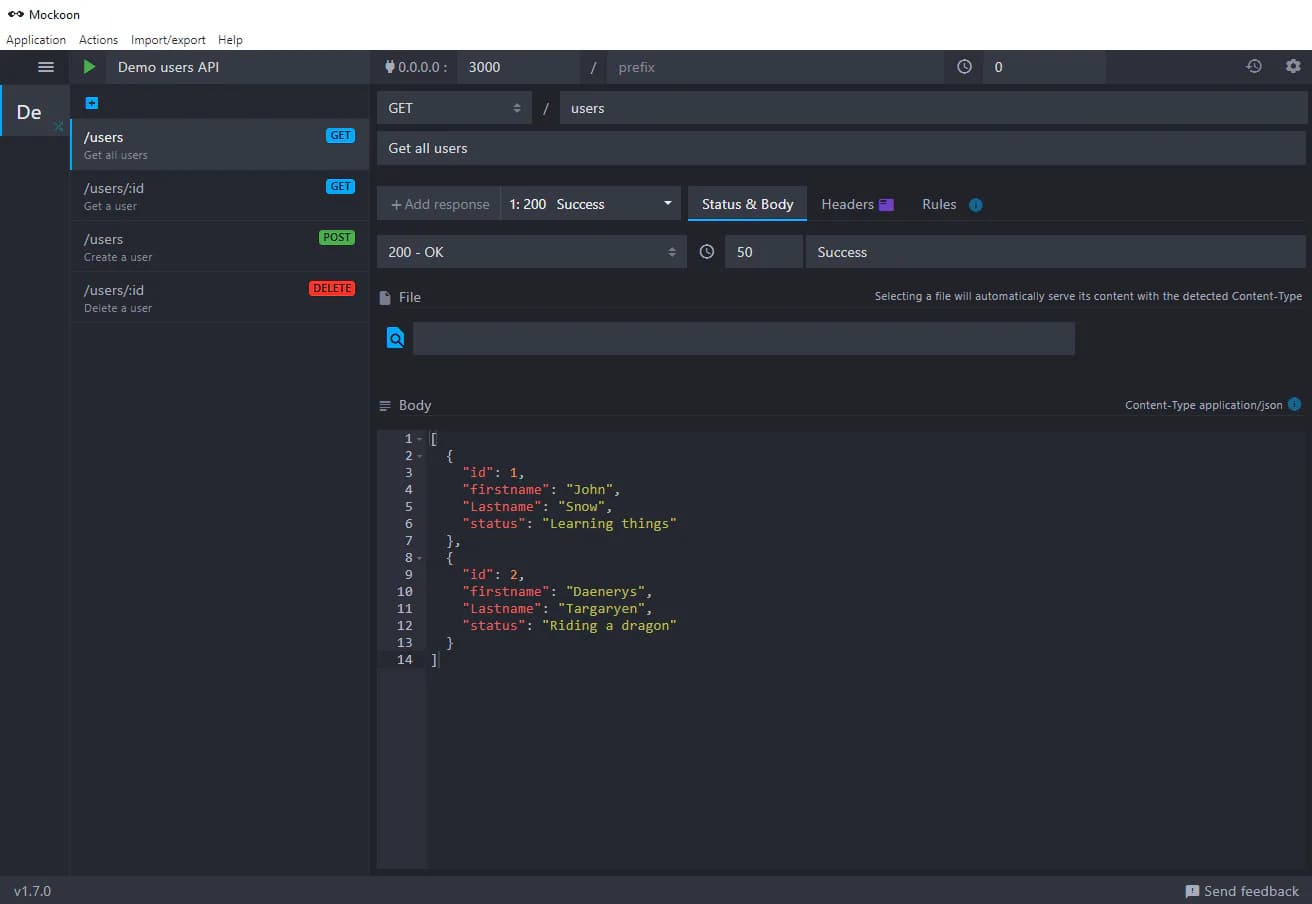 Mockoon desktop interface editing a mock API route and JSON response