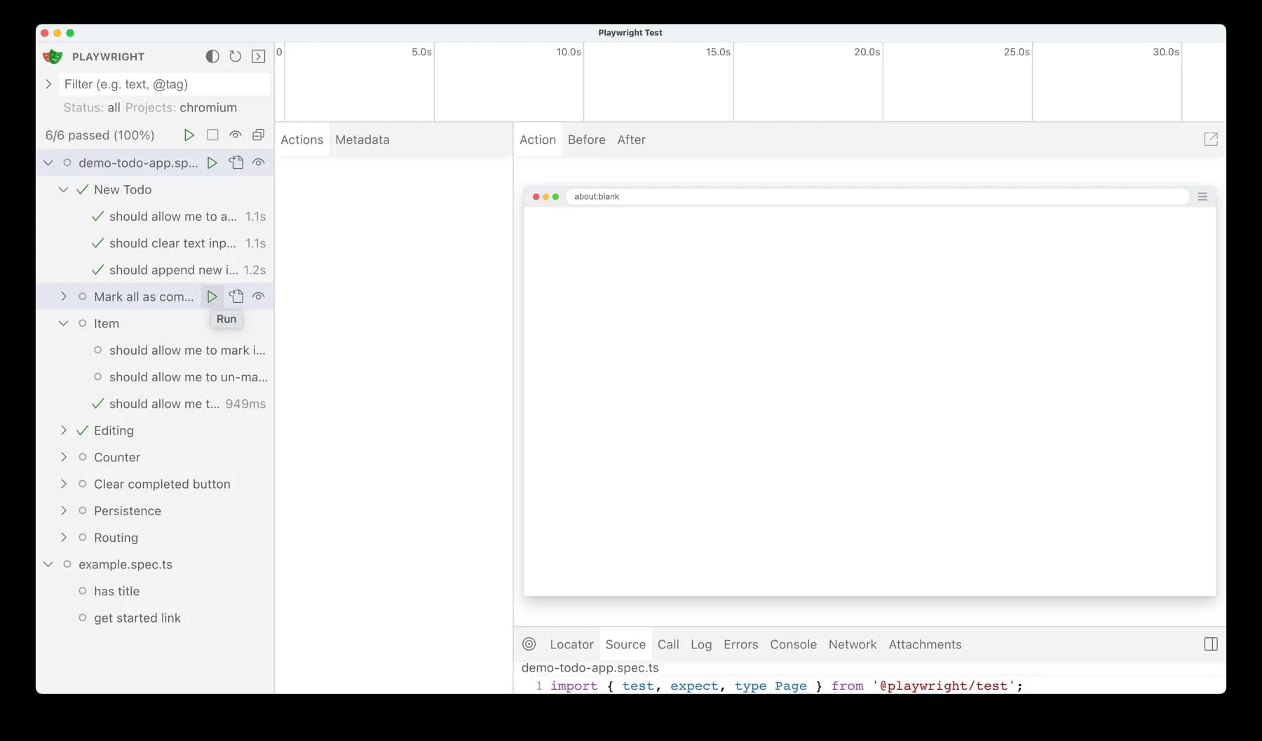 Playwright UI Mode with the test explorer, browser preview and source panel