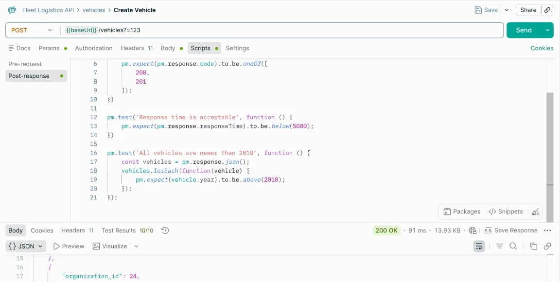 Postman API client showing a request script and successful JSON response