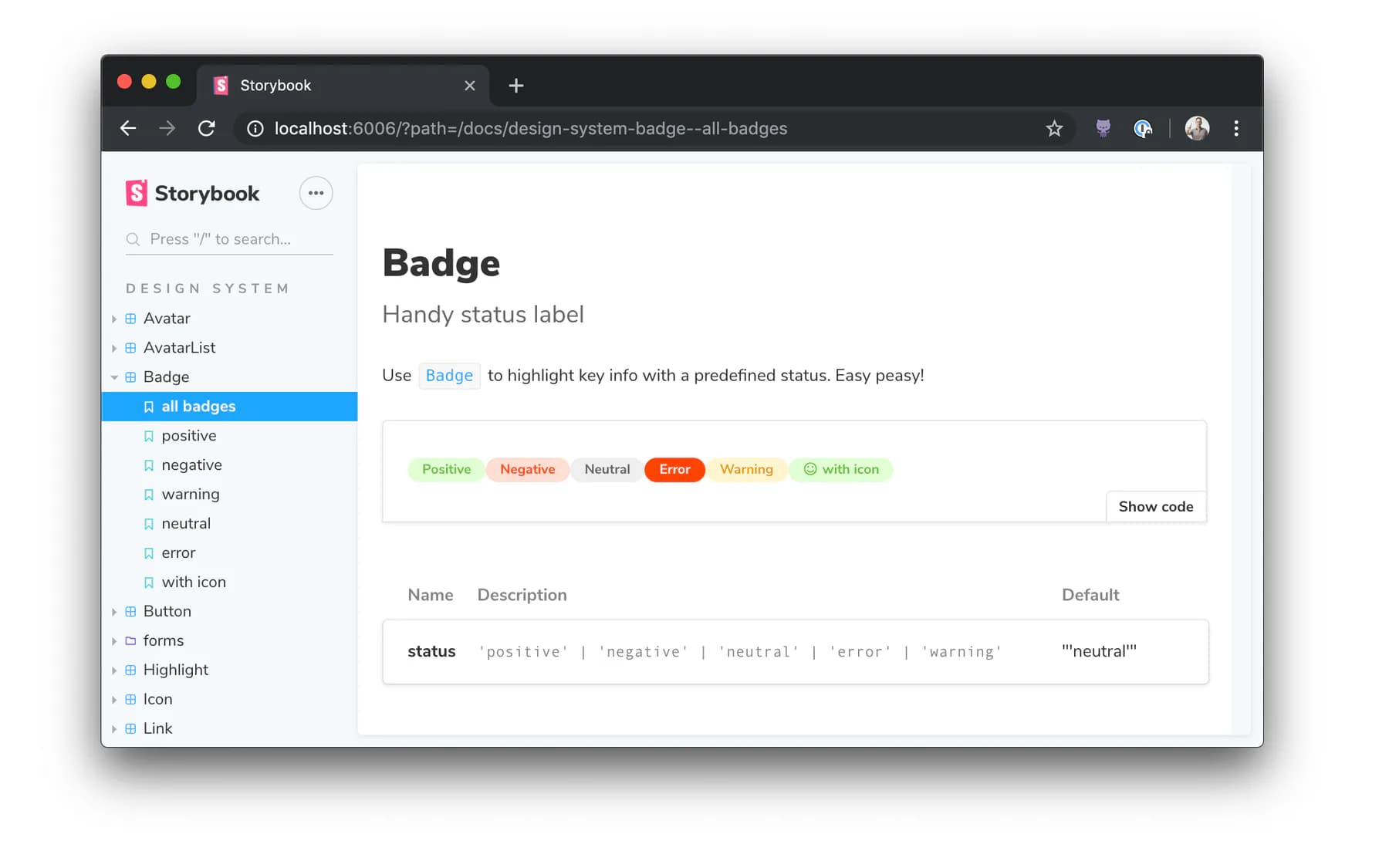 Storybook Docs view showing a Badge component, variants and props table